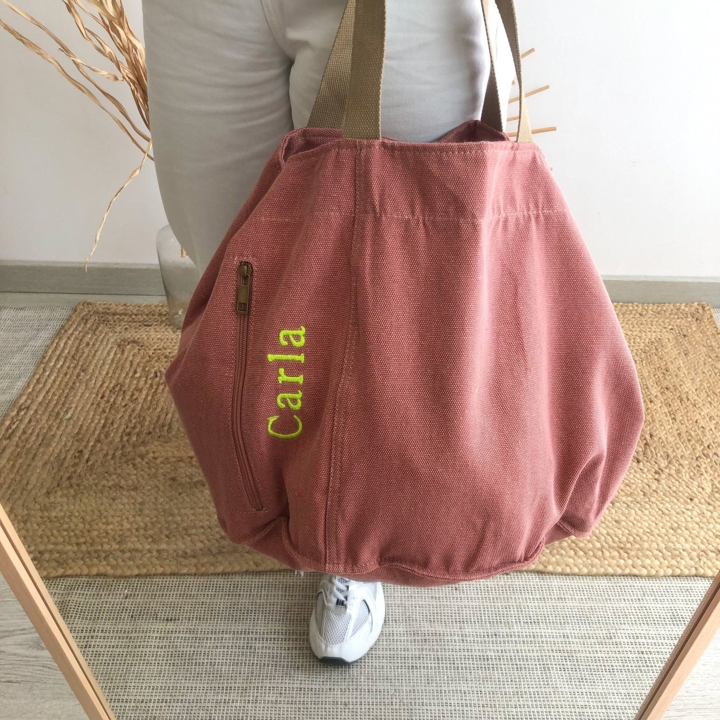 Bolsa loneta coral bolsillo personalizado nombre fluor - Bubbleshopbcn