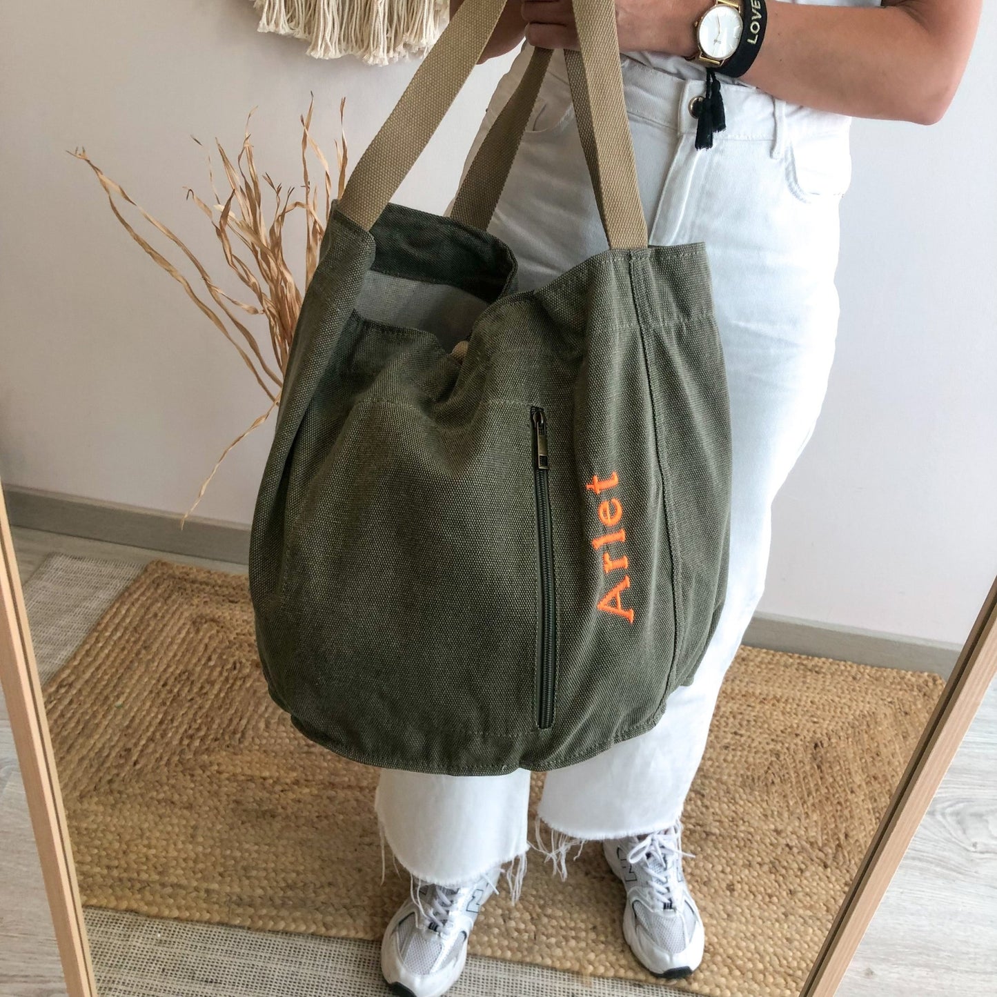 Bolsa loneta caqui bolsillo personalizado nombre fluor - Bubbleshopbcn