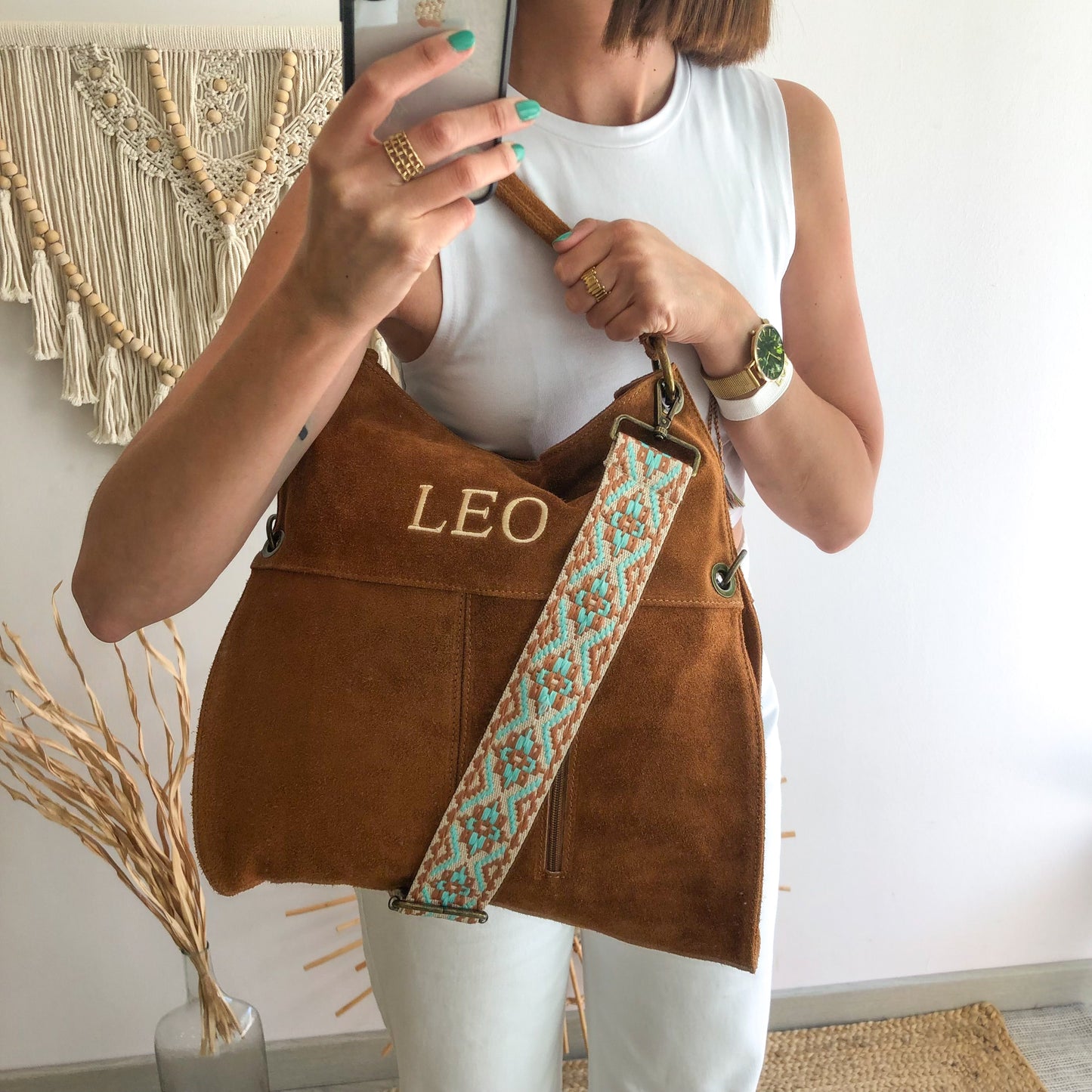 Bolso ante camel cremalllera iniciales bordadas