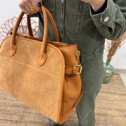 Shopper hebillas serraje y piel camel