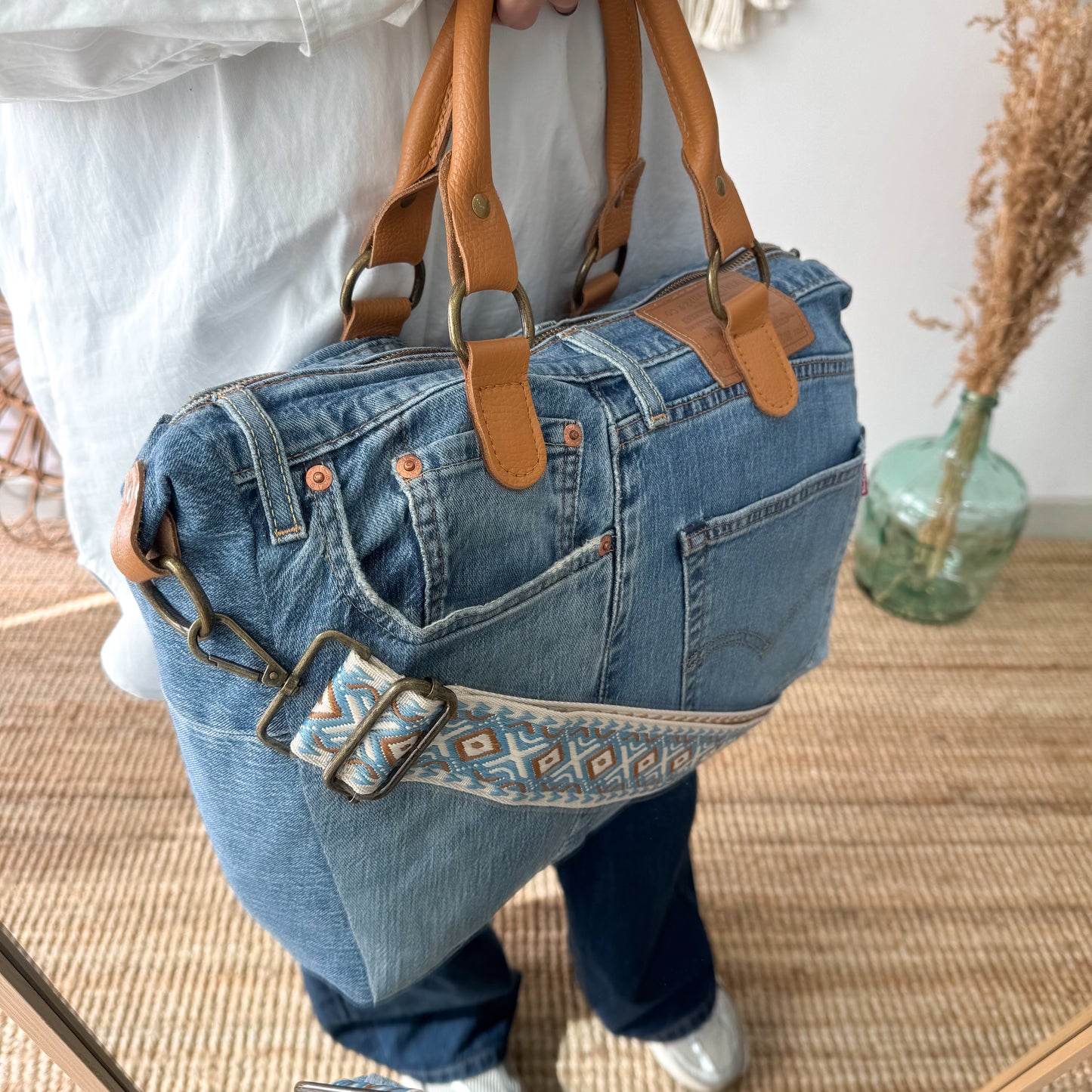 Shopper denim/piel camel