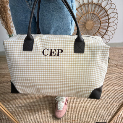 Bolso combinado algodon y piel beige cuadros vichy iniciales bordadas