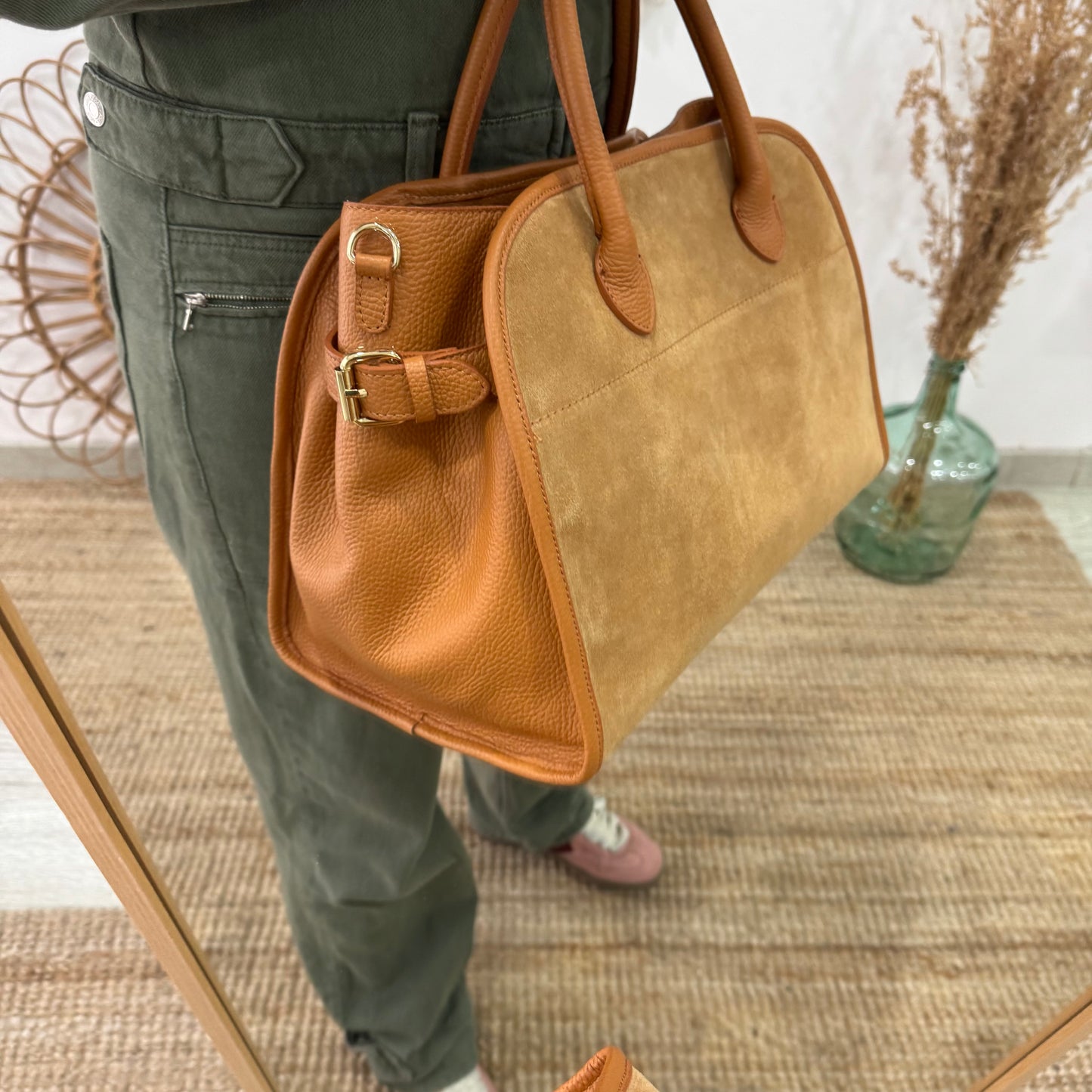 Shopper hebillas serraje y piel camel