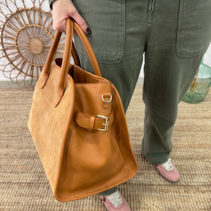 Shopper hebillas serraje y piel camel