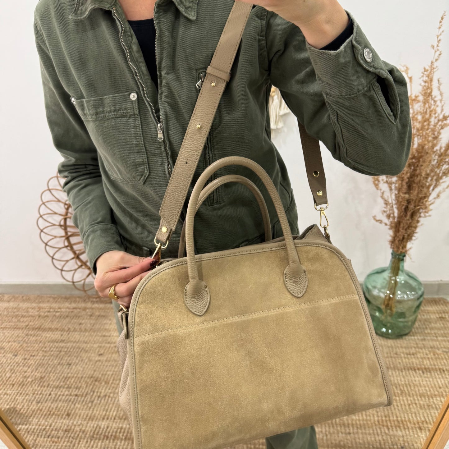 Shopper hebillas serraje y piel taupe