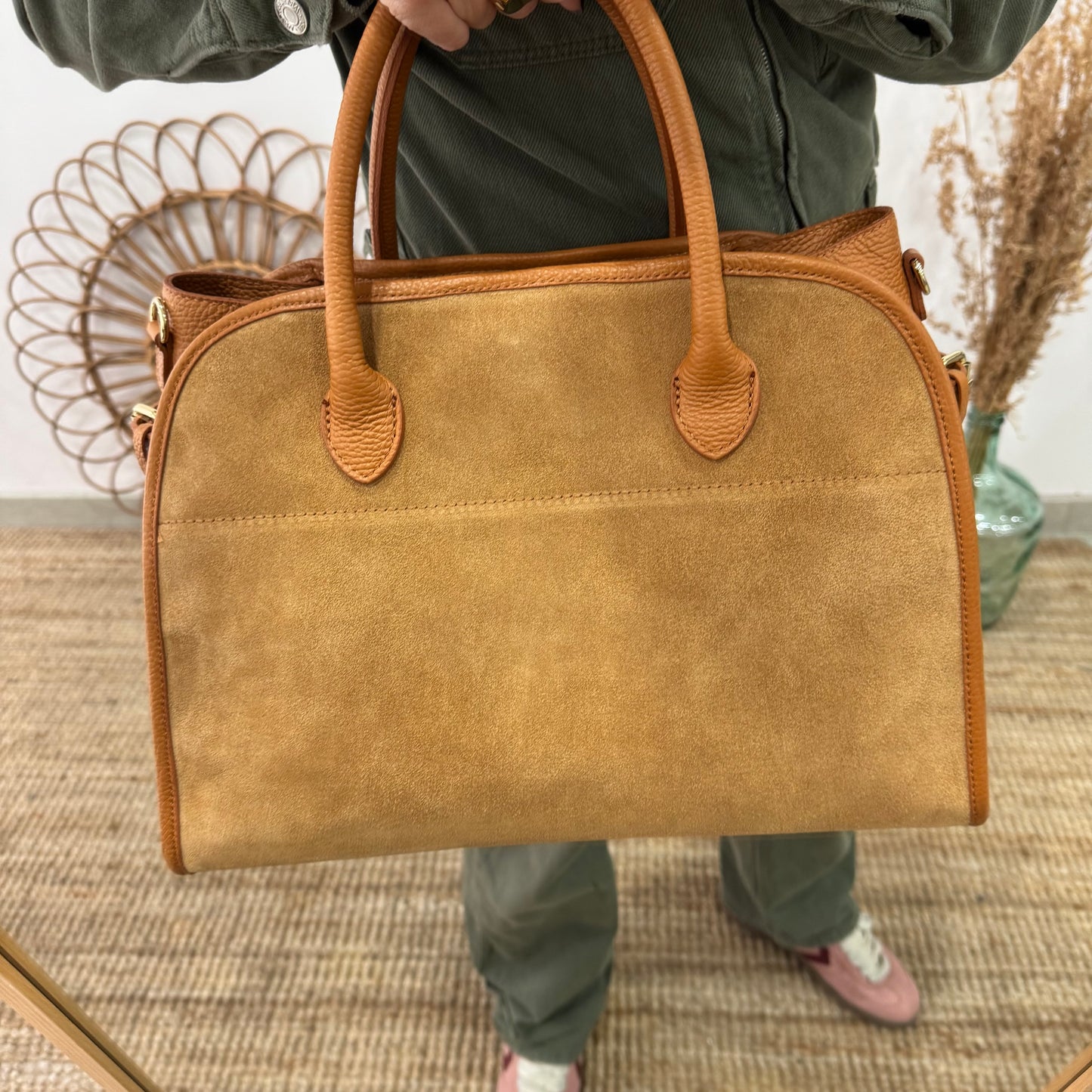 Shopper hebillas serraje y piel camel