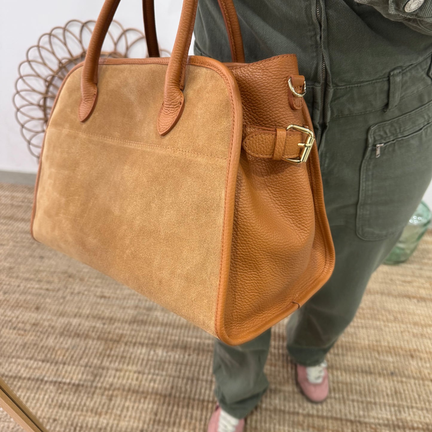 Shopper hebillas serraje y piel camel