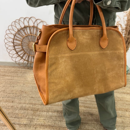 Shopper hebillas serraje y piel camel