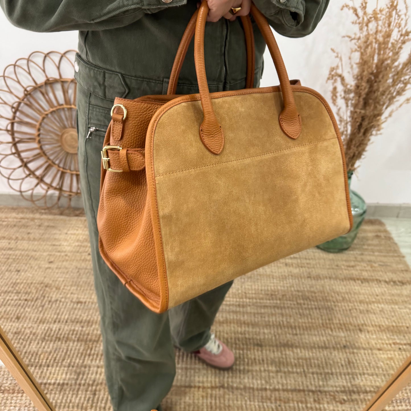 Shopper hebillas serraje y piel camel