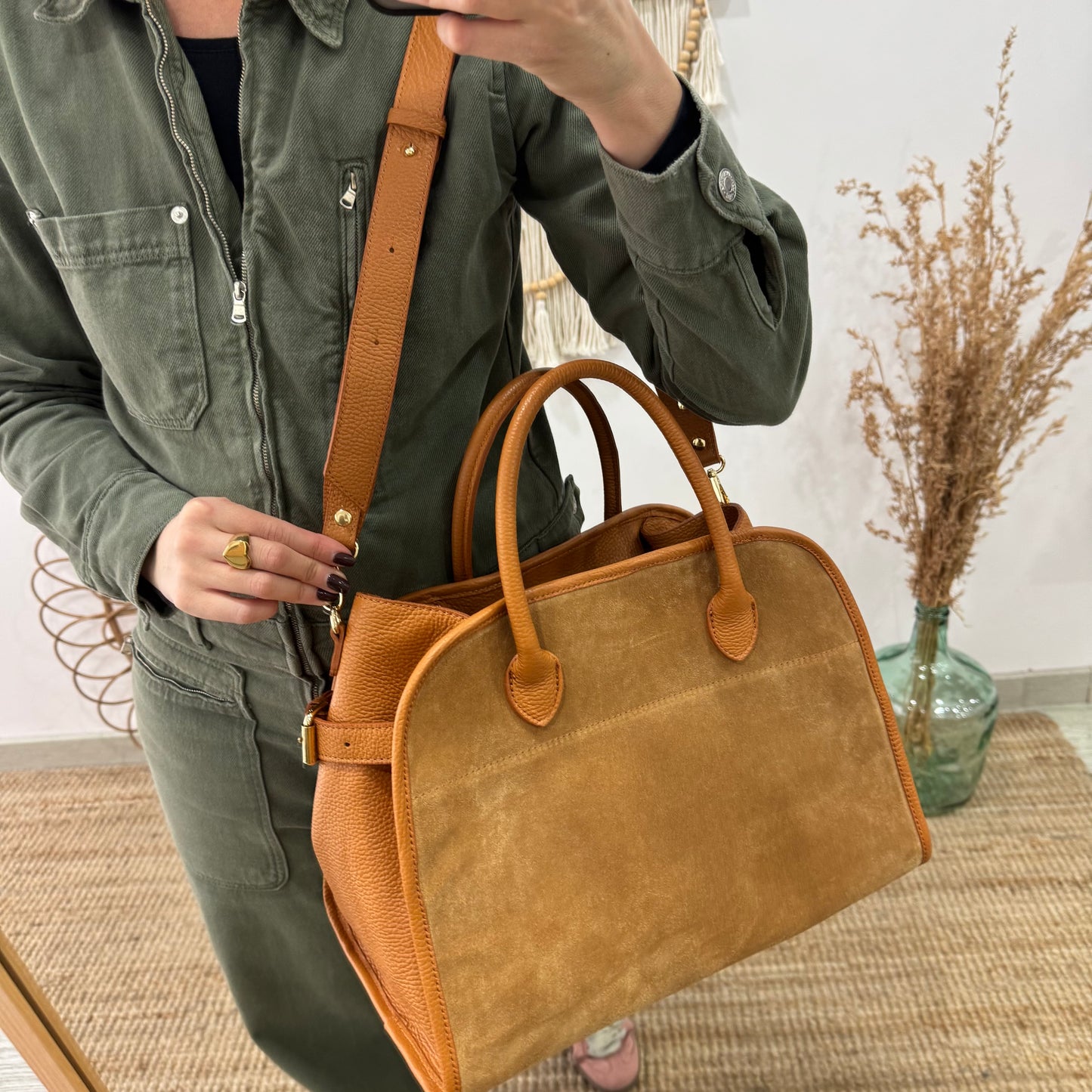 Shopper hebillas serraje y piel camel