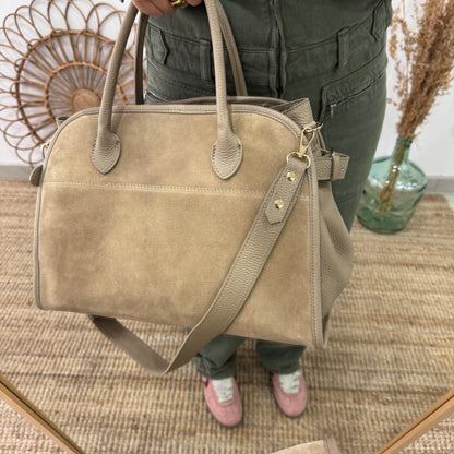 Shopper hebillas serraje y piel taupe