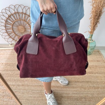Bolso Bowling de Serraje y Piel granate