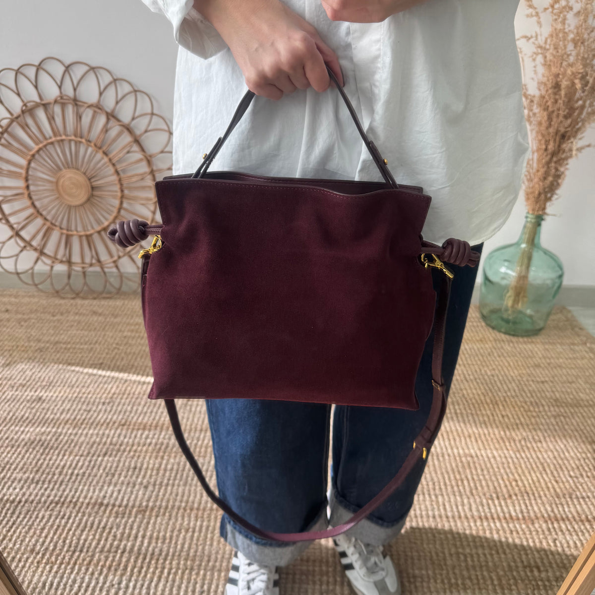 Bolso fruncido ante y piel granate