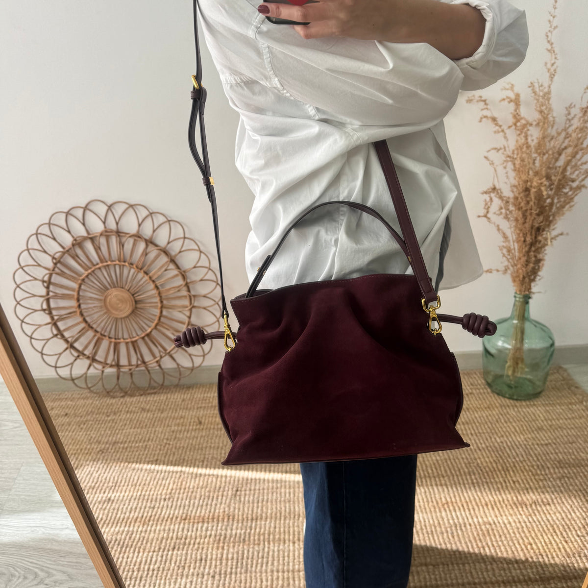 Bolso fruncido ante y piel granate