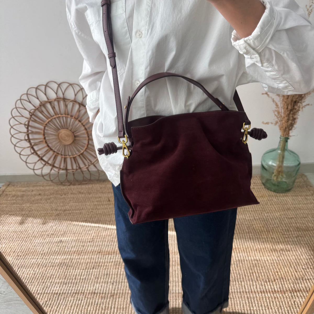 Bolso fruncido ante y piel granate