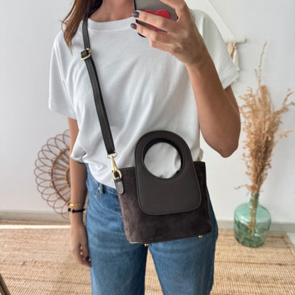 Mini Tote circular en piel y serraje marrón