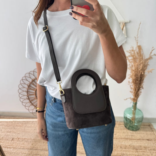 Mini Tote circular en piel y serraje marrón