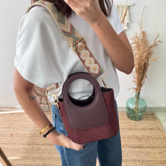 Mini Tote circular en piel y serraje granate