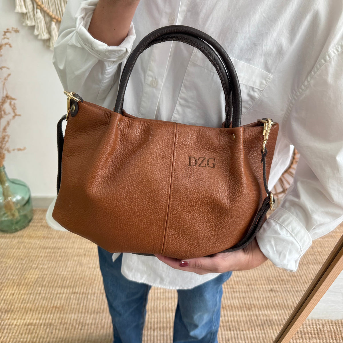 Bolso piel camel asas contraste marrón