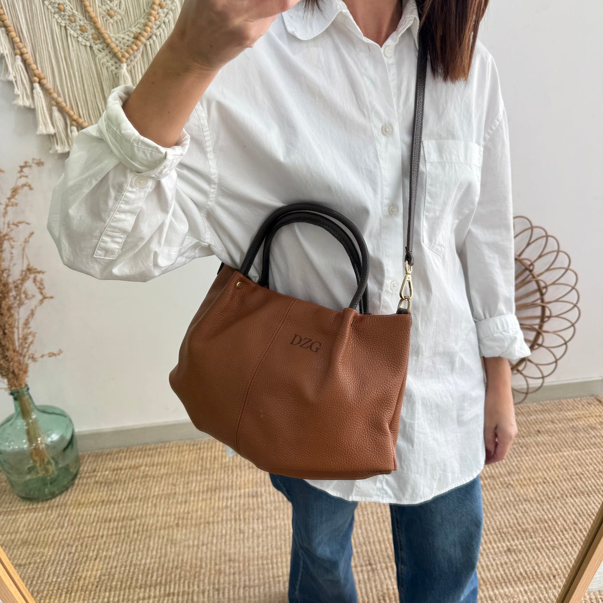 Bolso piel camel asas contraste marrón
