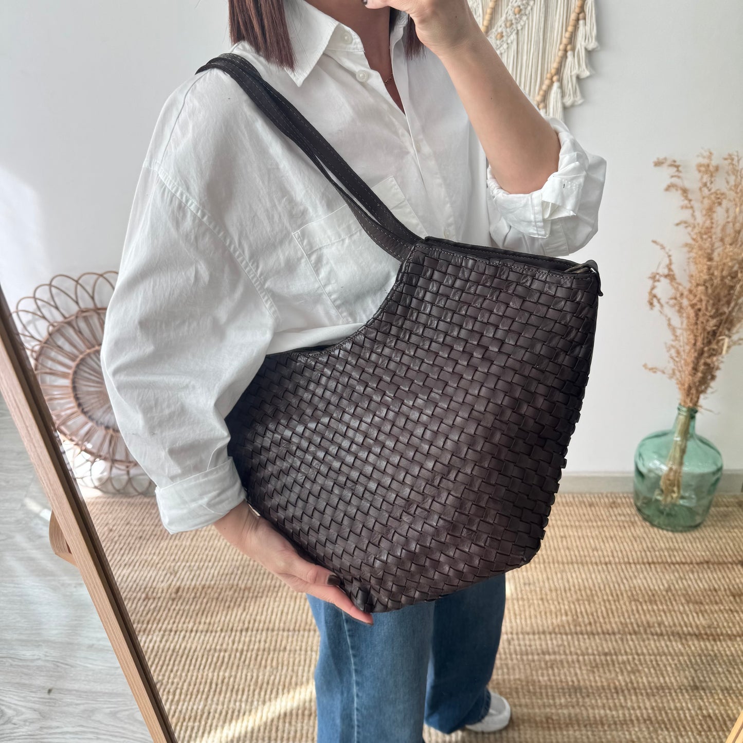 Bolso trapecio piel lavada marrón