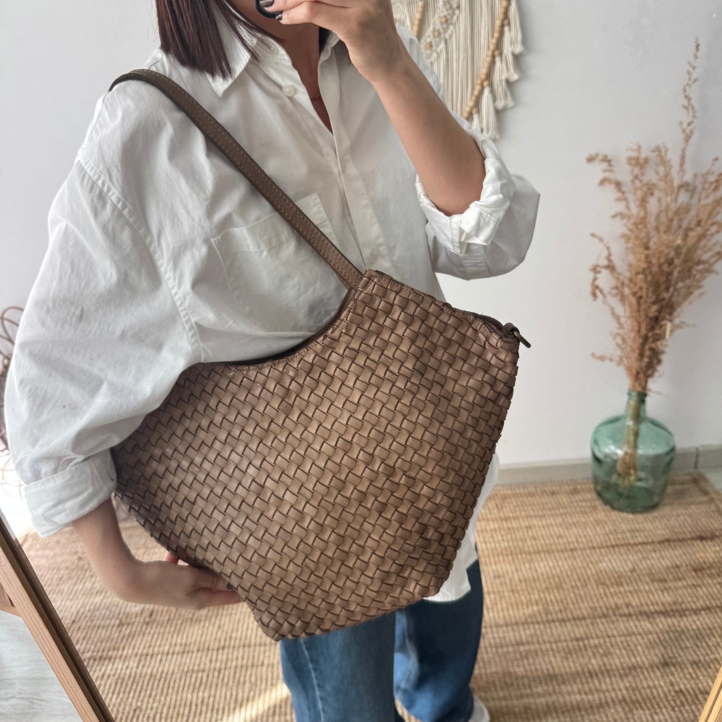 Bolso trapecio piel lavada taupe