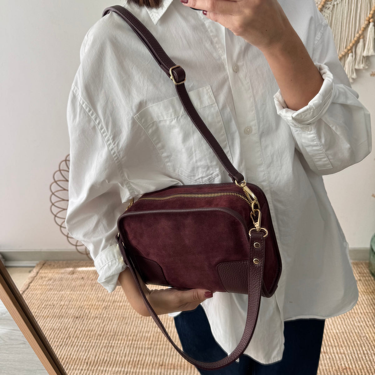 Bolso baúl serraje y piel granate monocolor