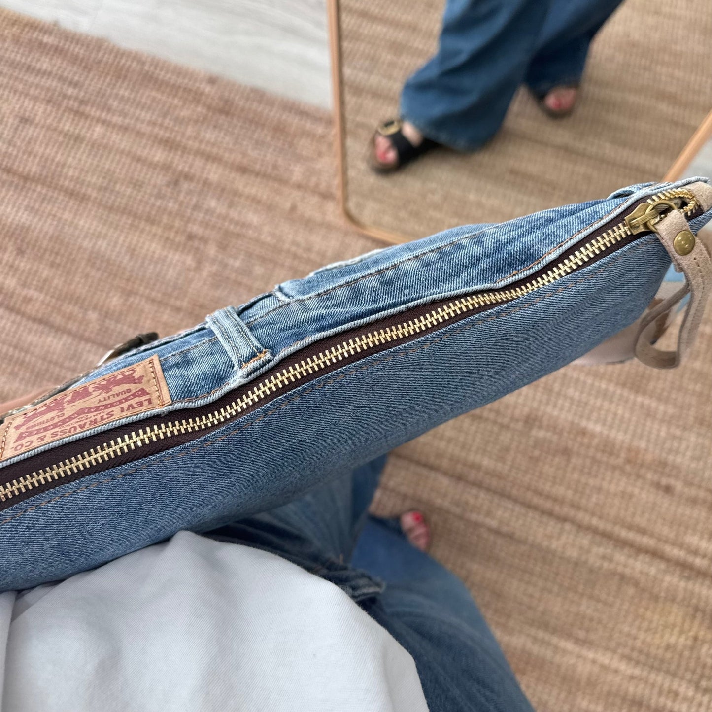 Bandolera denim asas piel taupe iniciales bordadas - Bubbleshopbcn