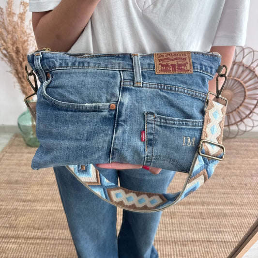 Bandolera denim asas piel taupe iniciales bordadas - Bubbleshopbcn