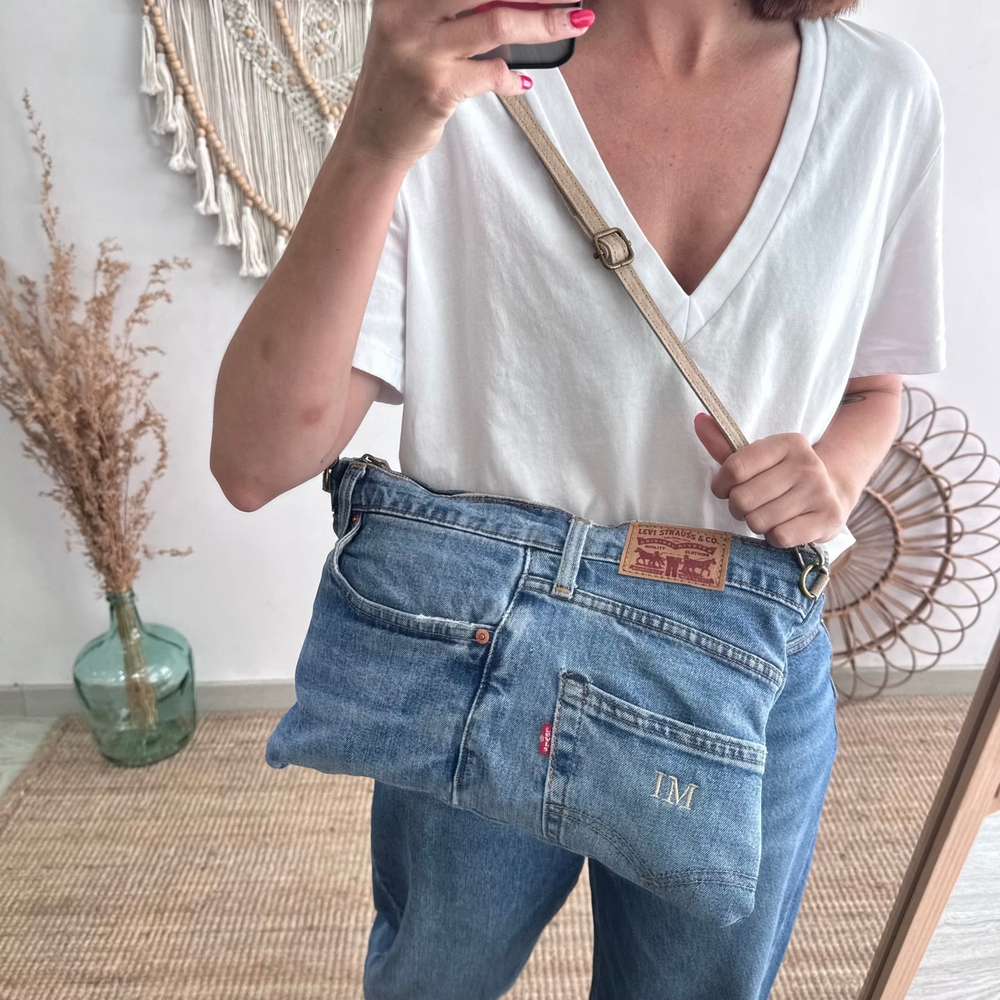 Bandolera denim asas piel taupe iniciales bordadas - Bubbleshopbcn