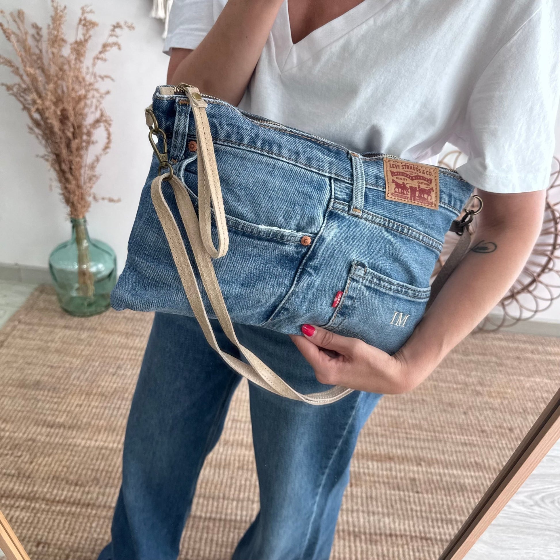 Bandolera denim asas piel taupe iniciales bordadas - Bubbleshopbcn