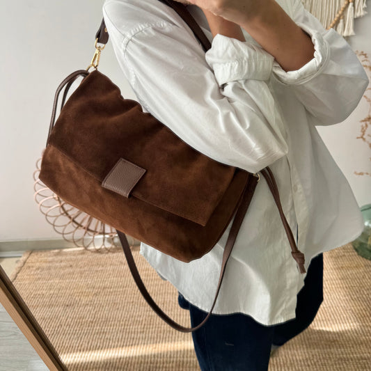 Bolso de Hombro Fruncido de Serraje marrón