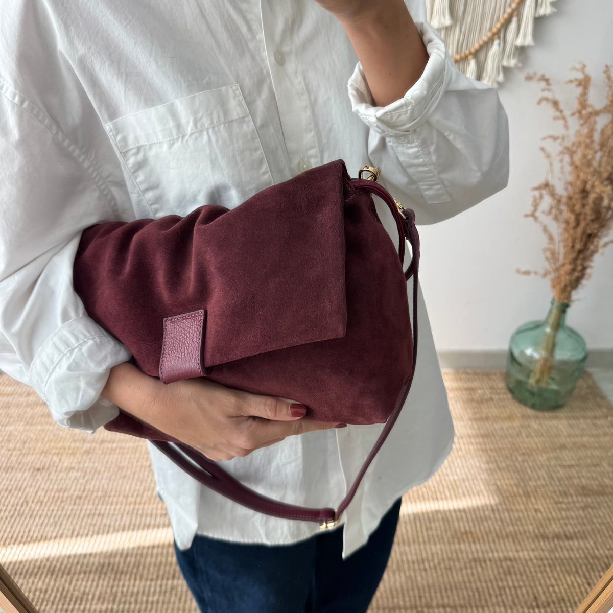 Bolso de Hombro Fruncido de Serraje granate
