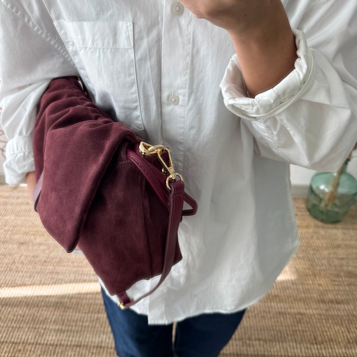 Bolso de Hombro Fruncido de Serraje granate