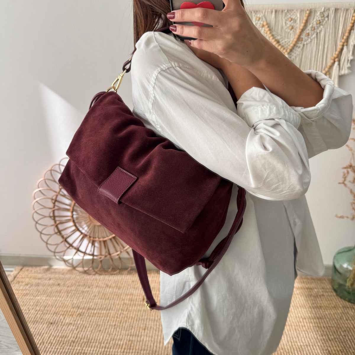 Bolso de Hombro Fruncido de Serraje granate