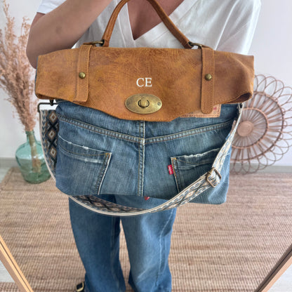 Bolso combinado denim/piel camel iniciales bordadas