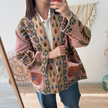Kimono terciopelo bordados rosa