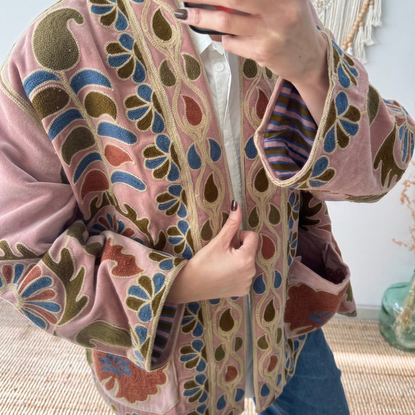 Kimono terciopelo bordados rosa