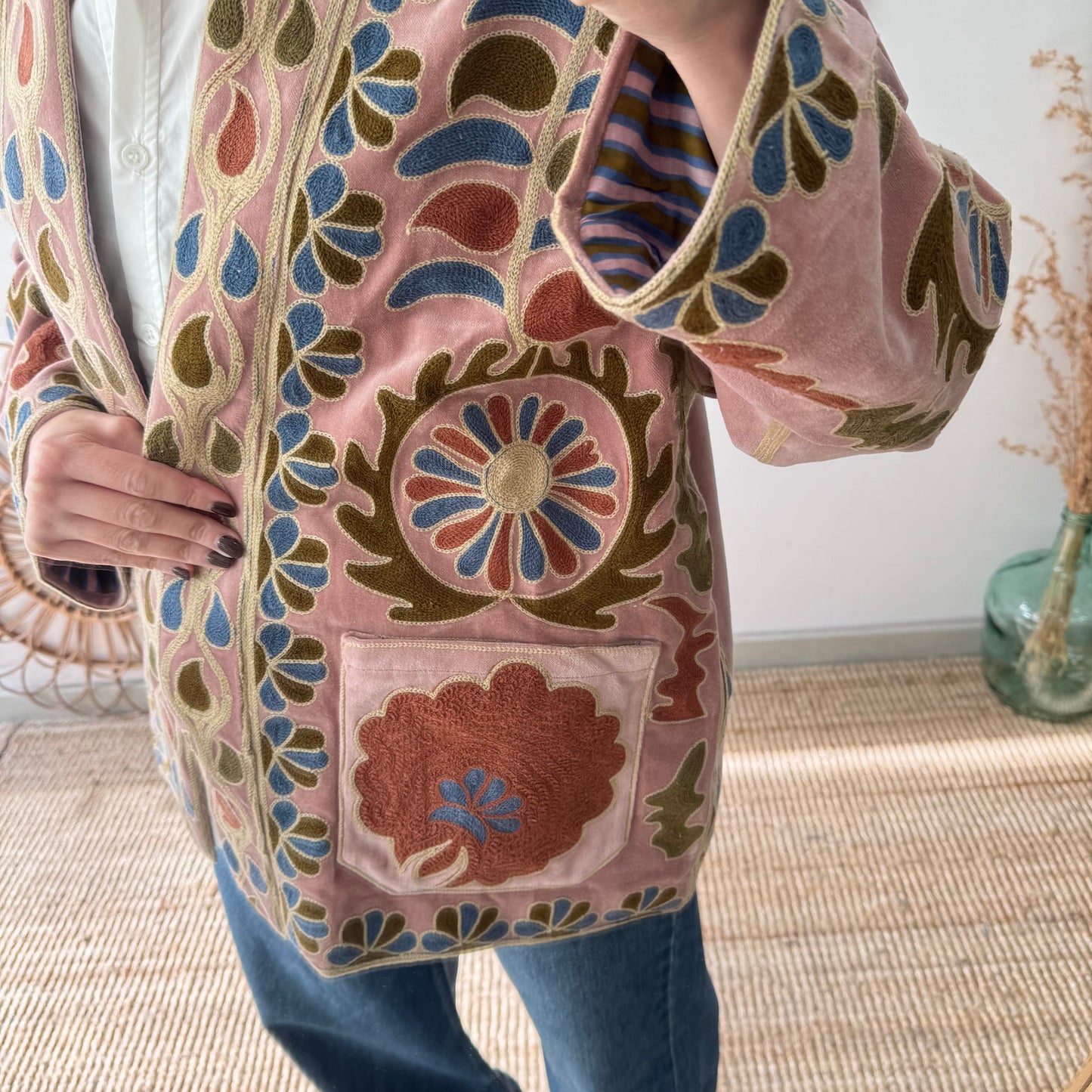 Kimono terciopelo bordados rosa