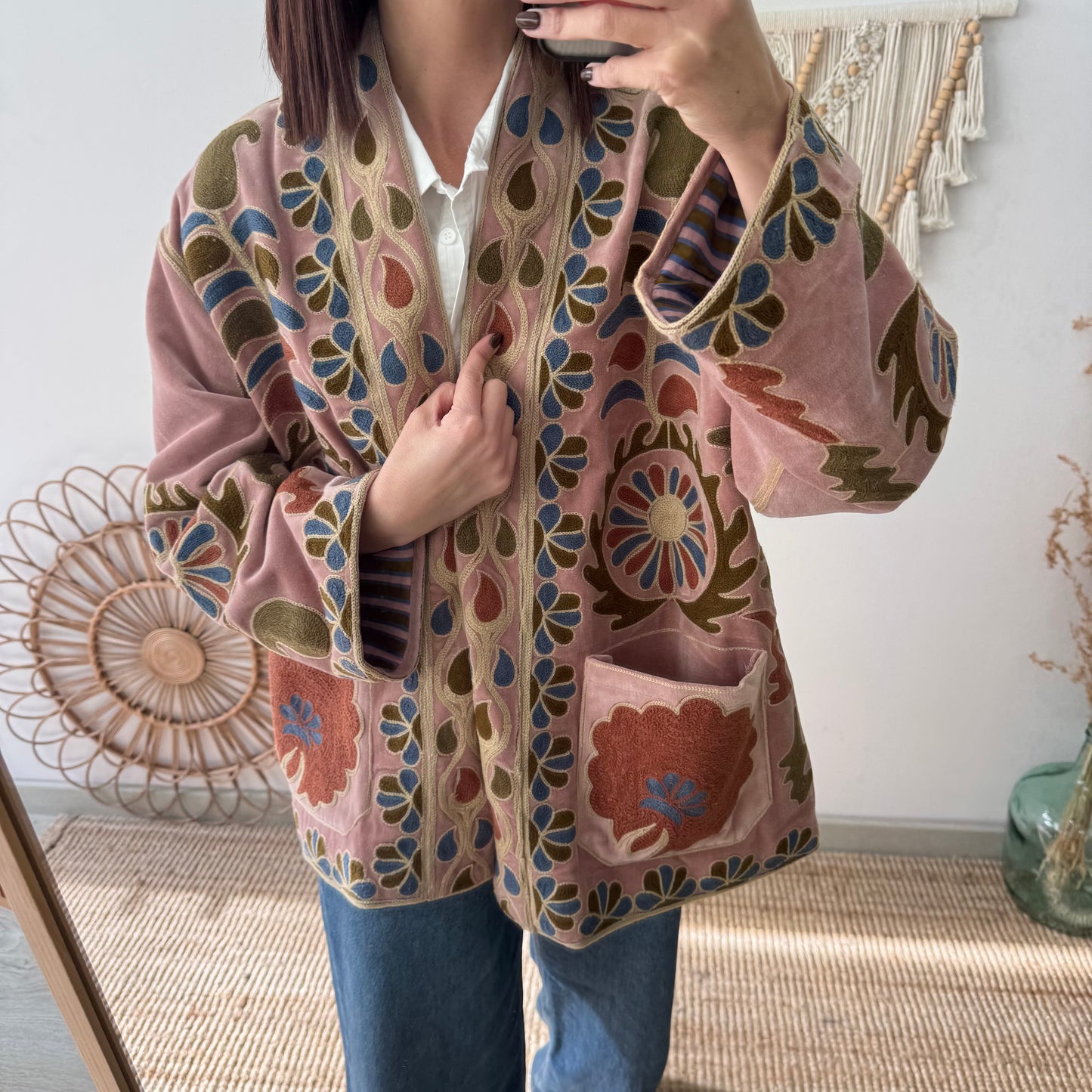 Kimono terciopelo bordados rosa