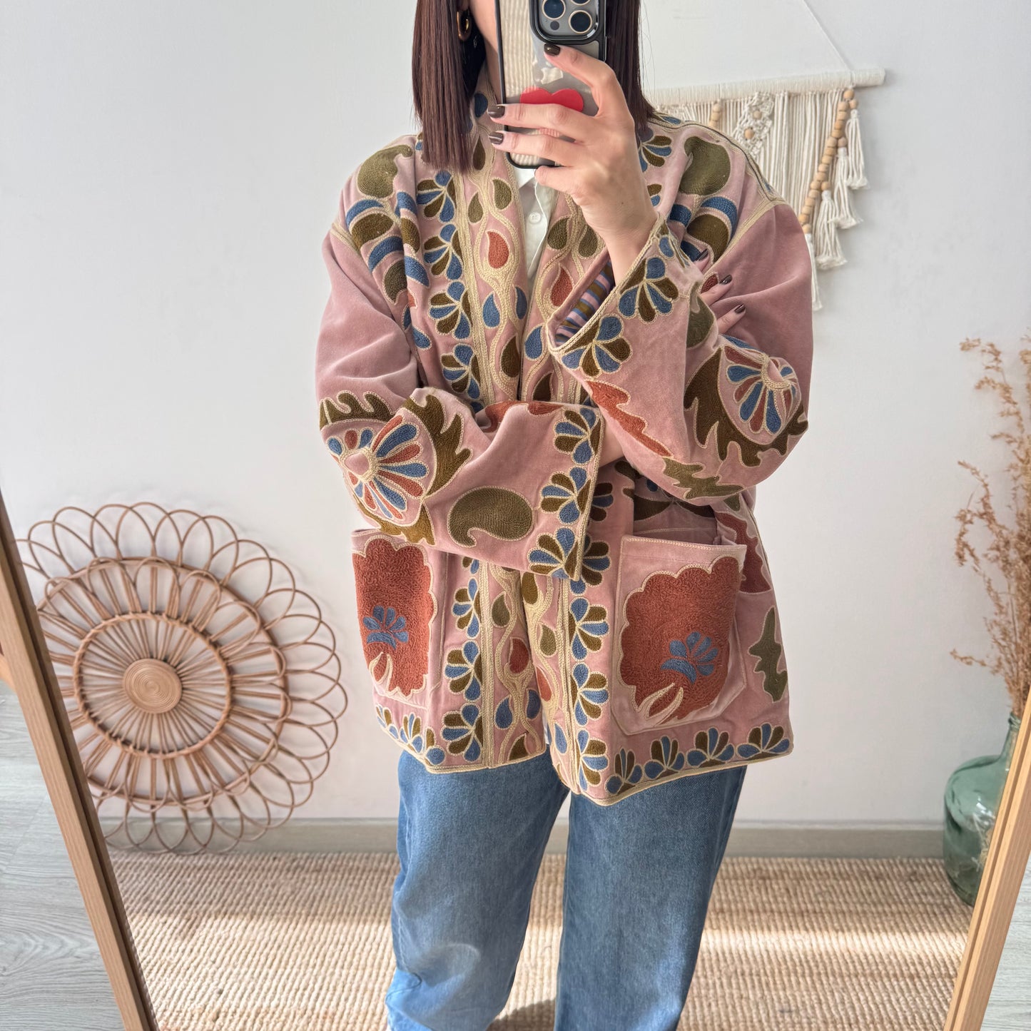 Kimono terciopelo bordados rosa