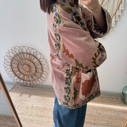 Kimono terciopelo bordados rosa