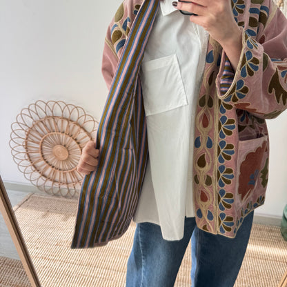 Kimono terciopelo bordados rosa