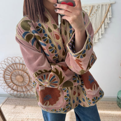 Kimono terciopelo bordados rosa