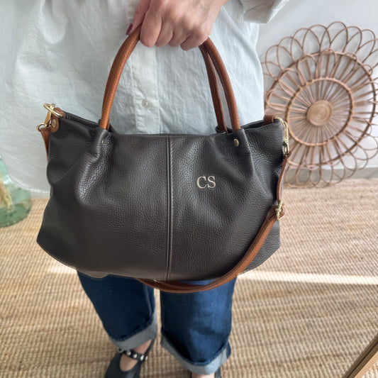 Bolso piel marrón asas contraste camel