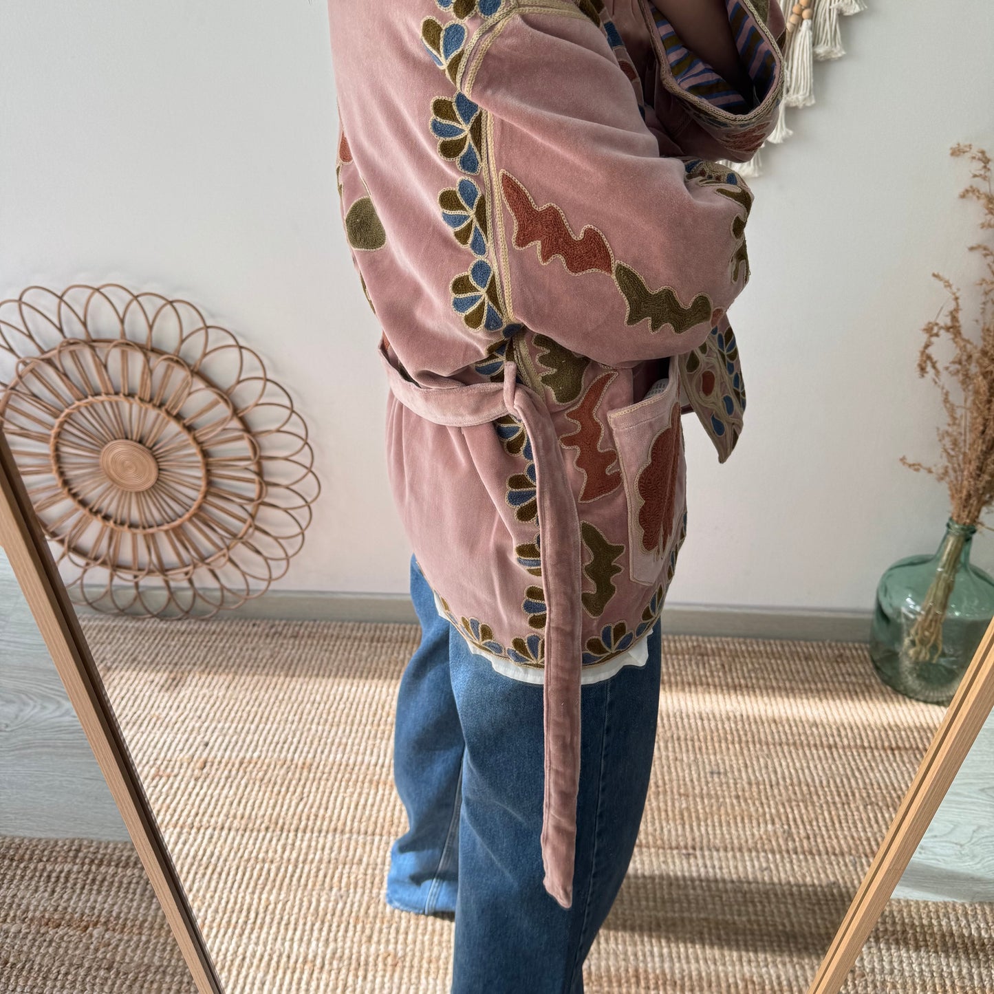 Kimono terciopelo bordados rosa