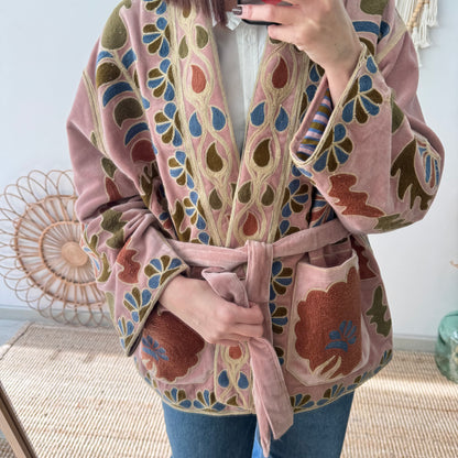 Kimono terciopelo bordados rosa