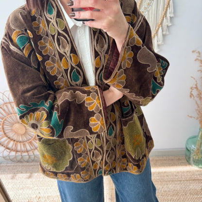 Kimono terciopelo bordados marrón