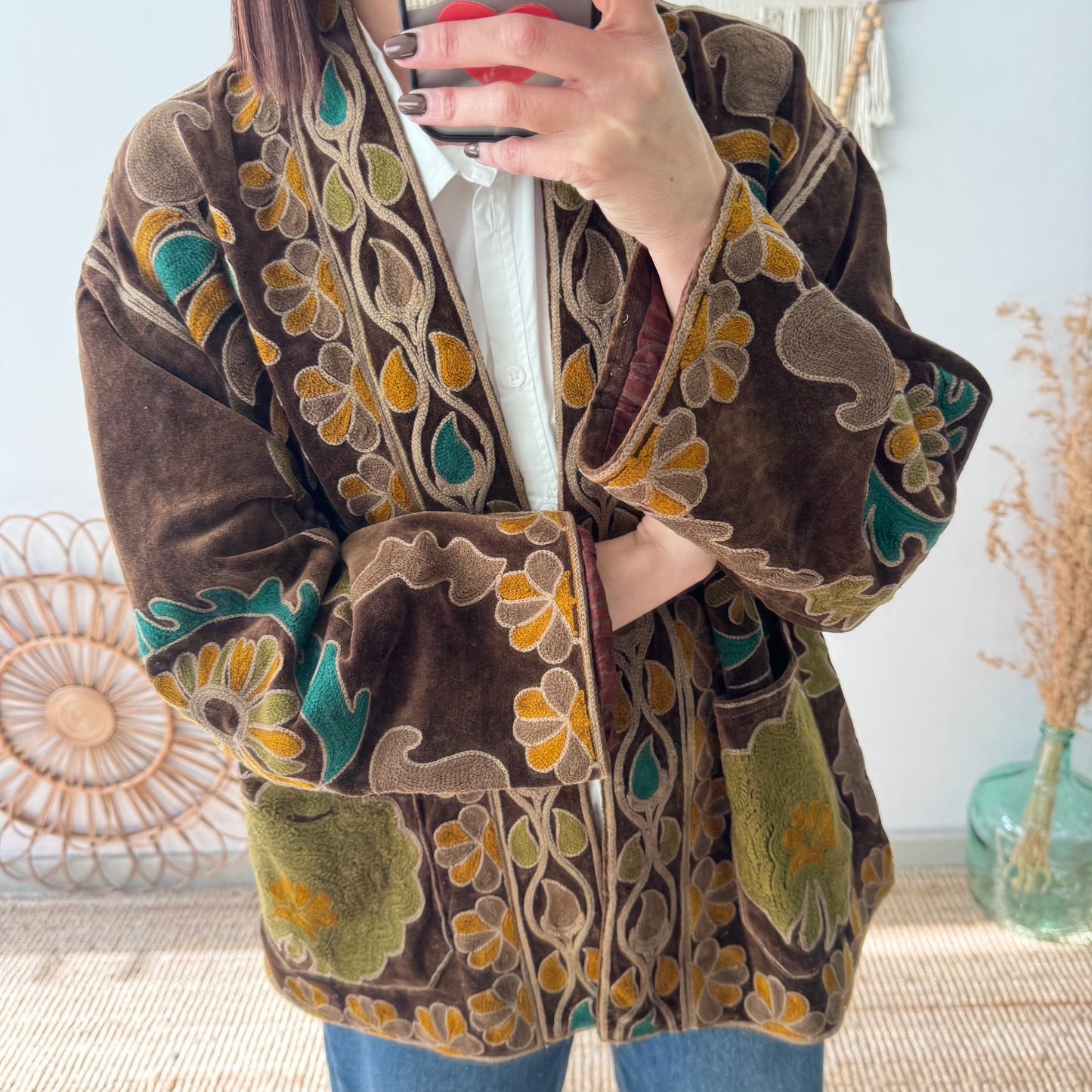 Kimono terciopelo bordados marrón