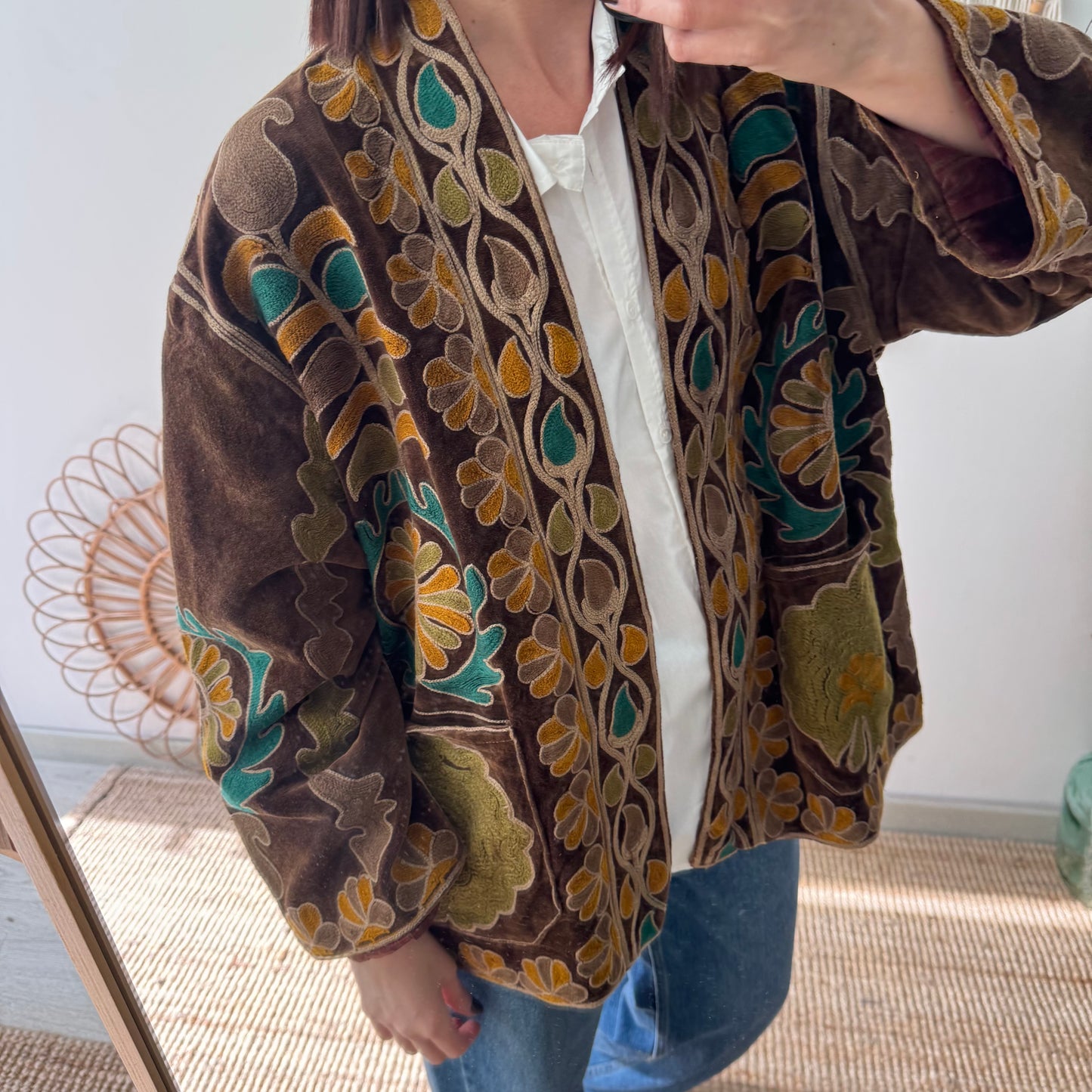 Kimono terciopelo bordados marrón